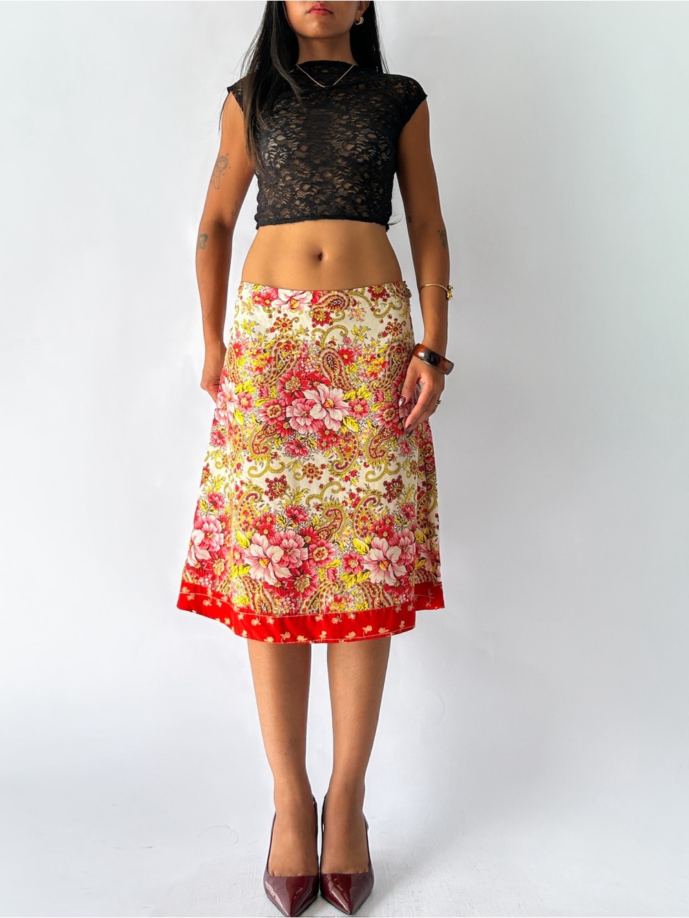 100% Silk Y2K Old Navy Floral Paisley Midi Skirt in Red and wPink